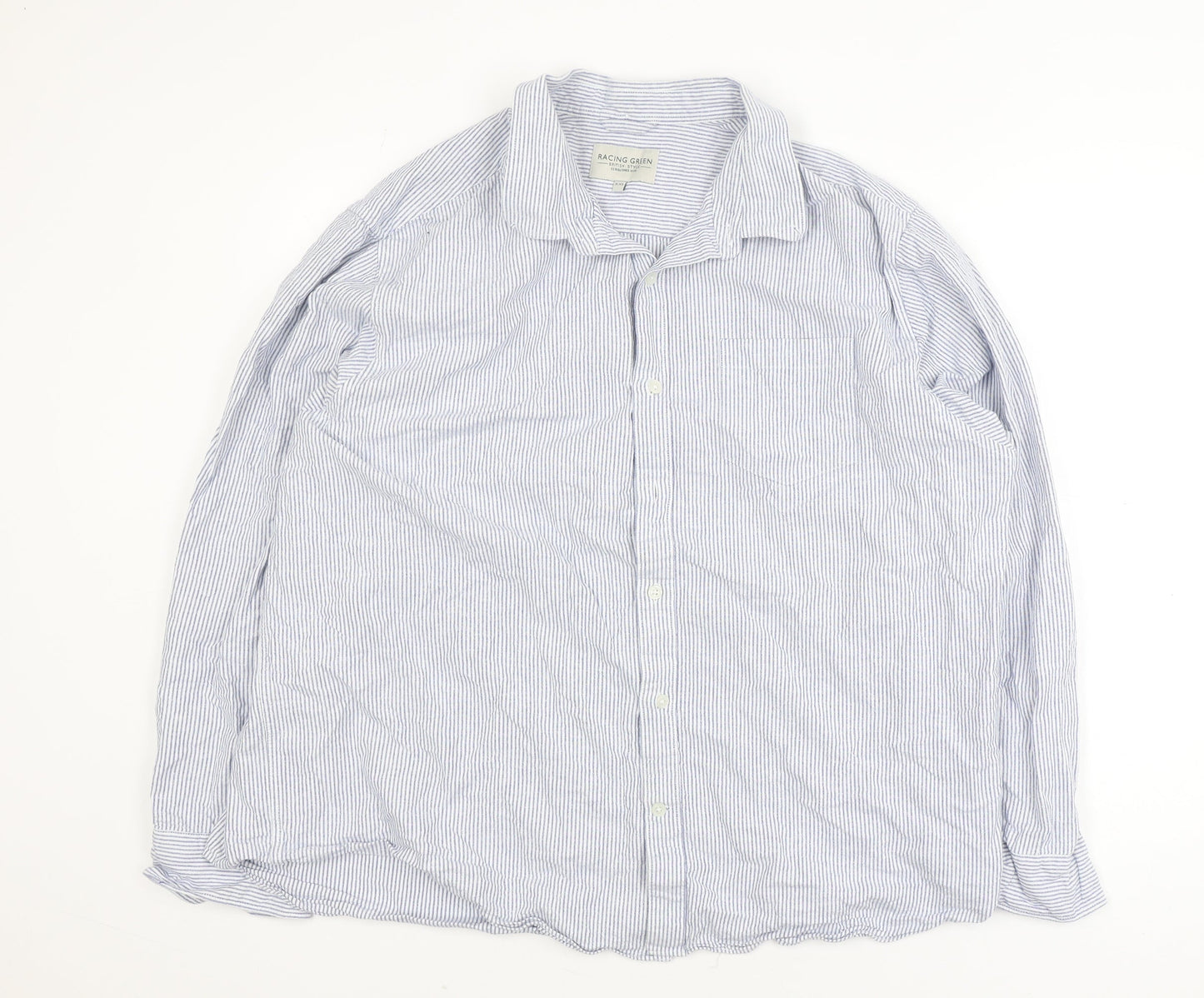 Racing Green Men's Blue Striped Cotton Long Sleeve Button-Up Shirt 2XL