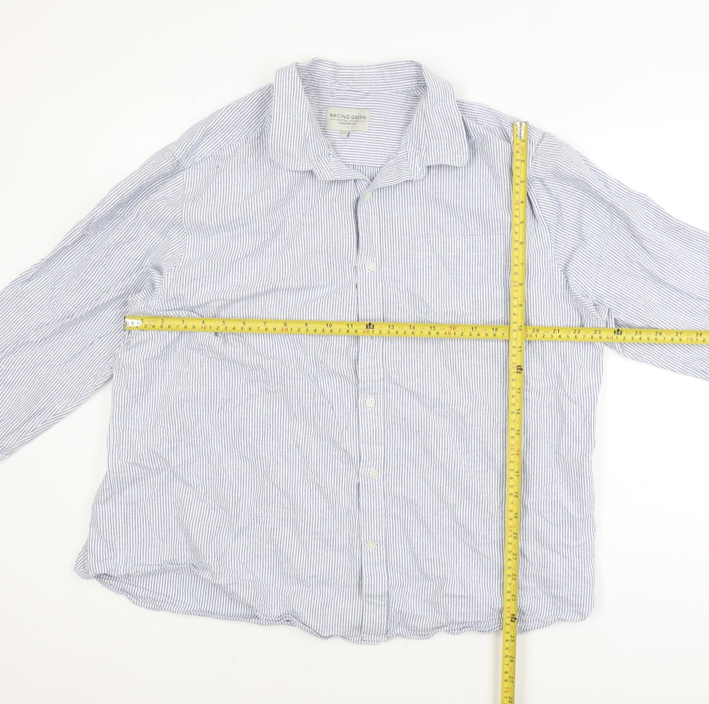Racing Green Men's Blue Striped Cotton Long Sleeve Button-Up Shirt 2XL