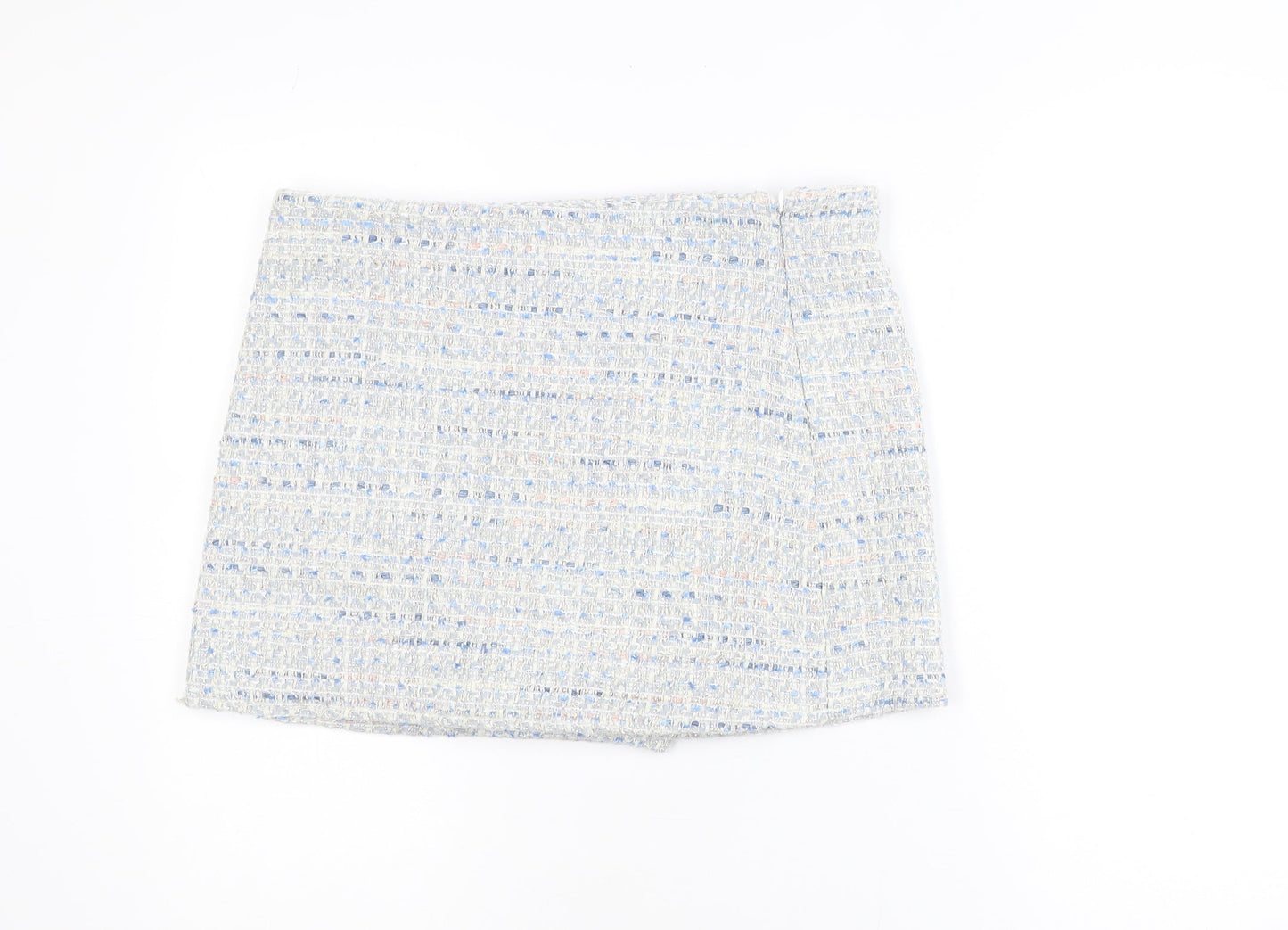 Zara Women Blue Tweed High Rise Skort Shorts L Bouclé