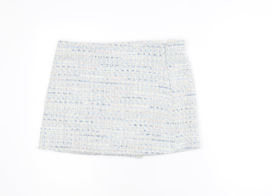Zara Women Blue Tweed High Rise Skort Shorts L Bouclé