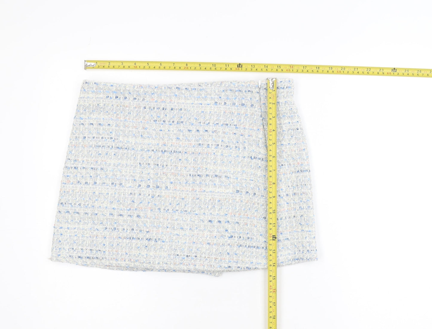 Zara Women Blue Tweed High Rise Skort Shorts L Bouclé