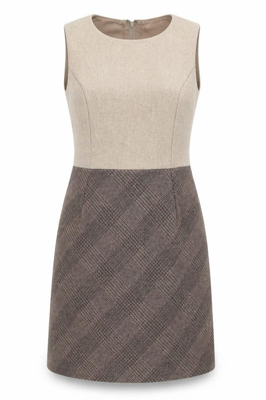 Hobbs Women Beige Wool Check Sheath Dress UK 12 Workwear