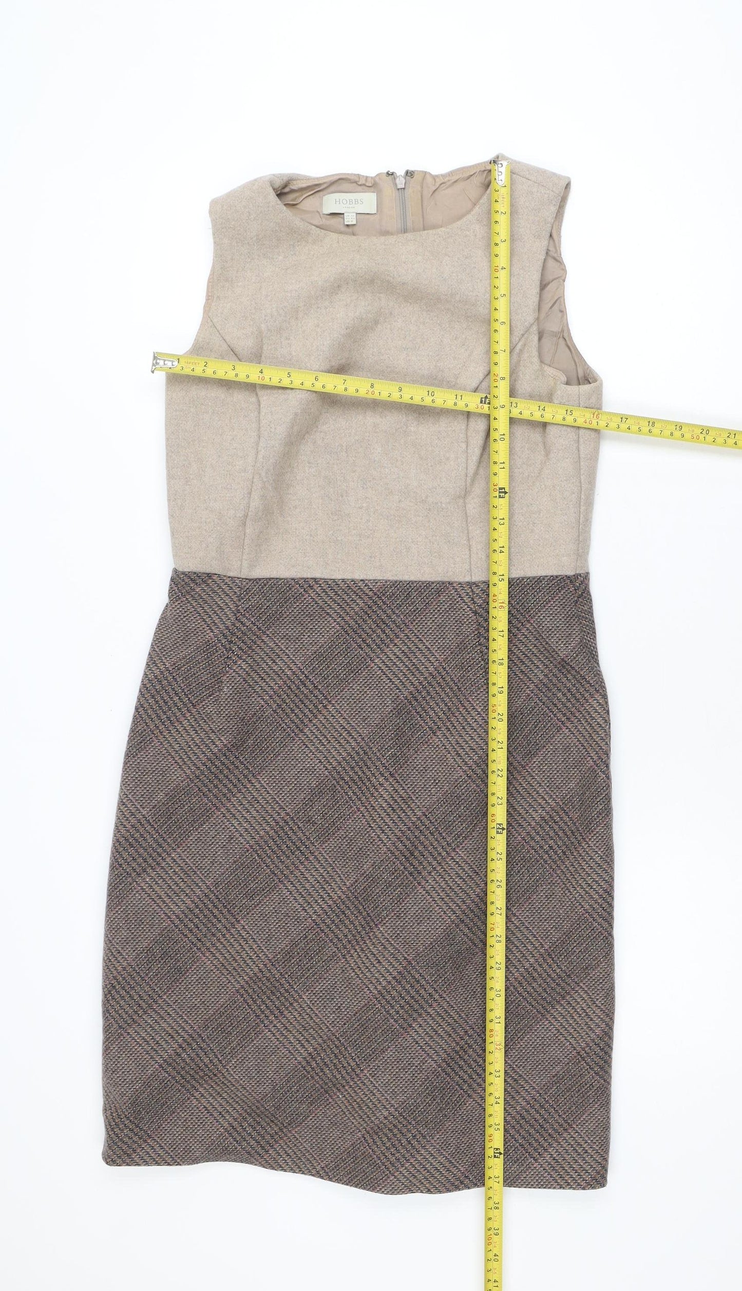 Hobbs Women Beige Wool Check Sheath Dress UK 12 Workwear