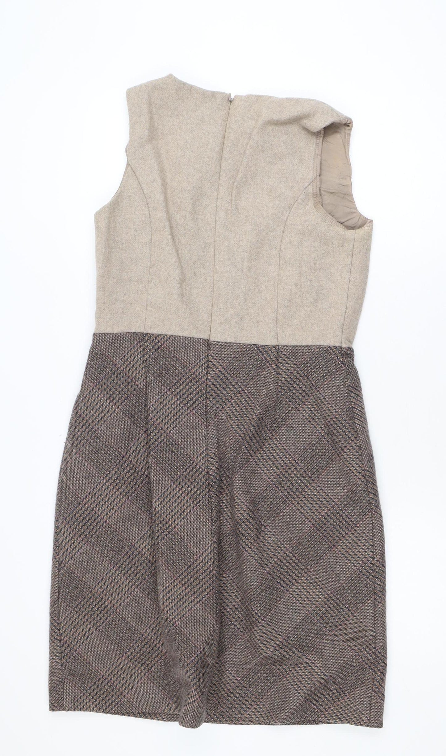 Hobbs Women Beige Wool Check Sheath Dress UK 12 Workwear