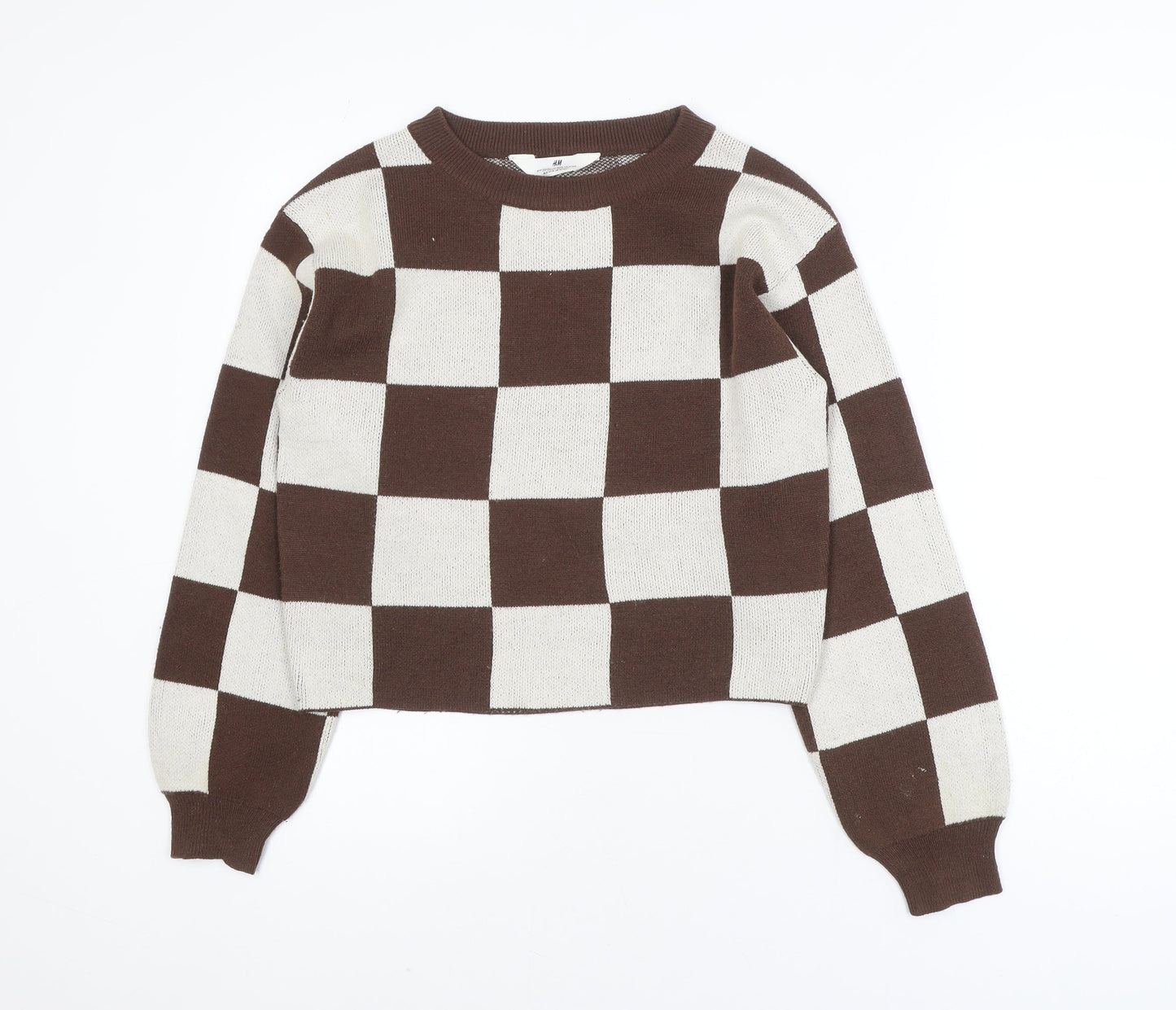 H&M Teens Brown & Beige Checkered Crew Neck Acrylic Jumper Size 12-14Y