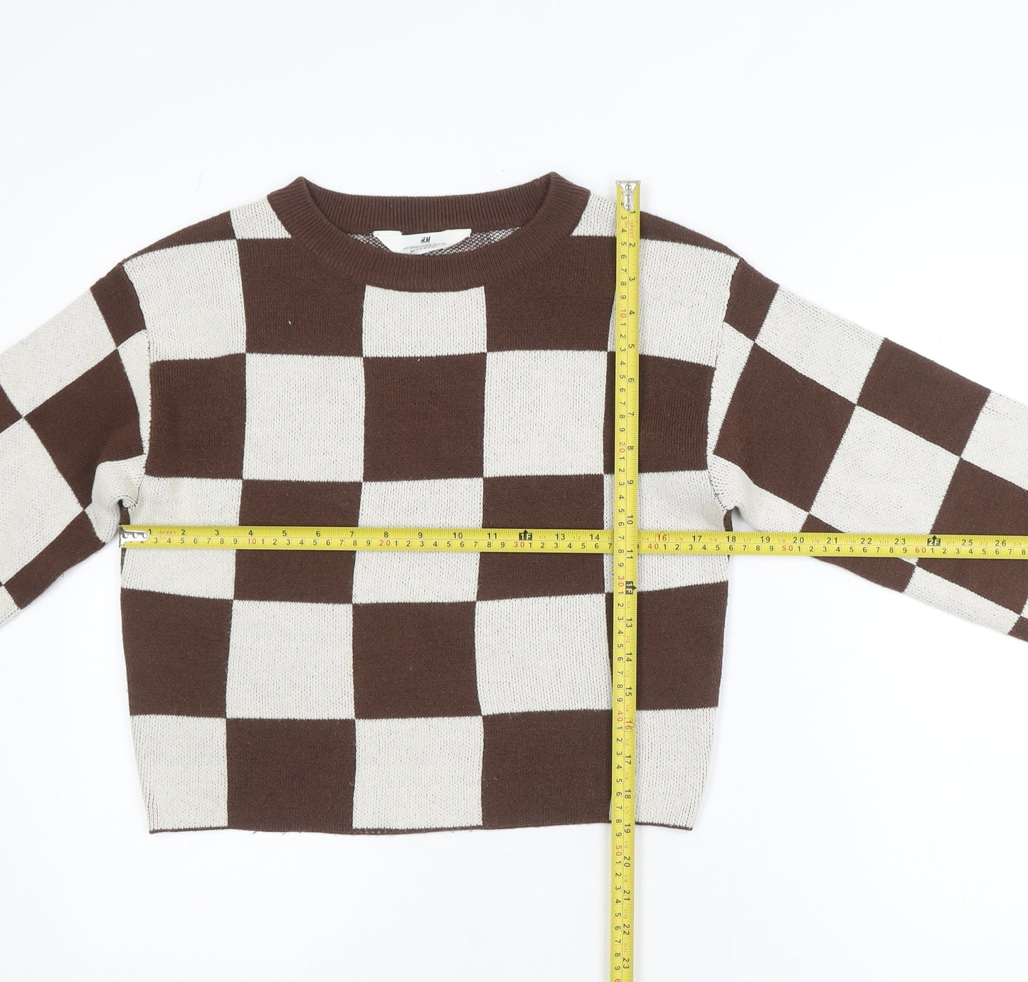 H&M Teens Brown & Beige Checkered Crew Neck Acrylic Jumper Size 12-14Y