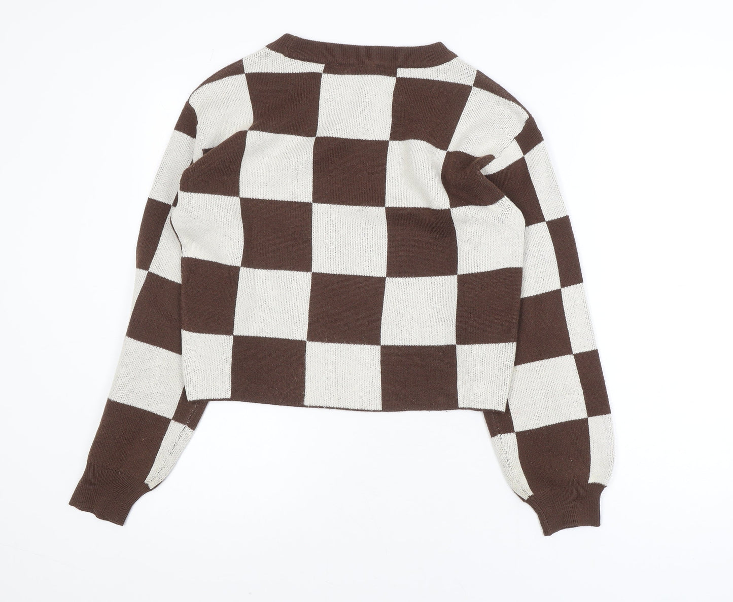 H&M Teens Brown & Beige Checkered Crew Neck Acrylic Jumper Size 12-14Y