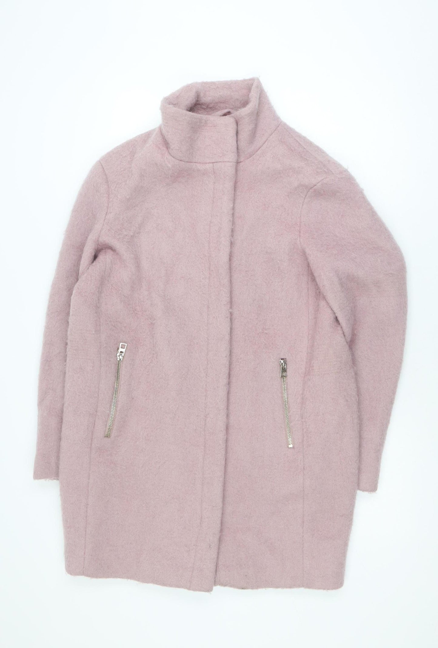 H&M Women Pink Wool Blend Mid-Length Zip Overcoat Size 8