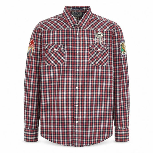 Scotch & Soda Men's Red Check Military Embroidered Button-Up Shirt XL
