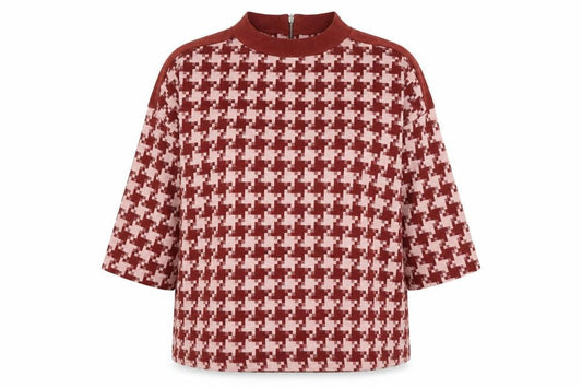Next Women Red Houndstooth Mock Neck Zip Tunic Blouse UK 16