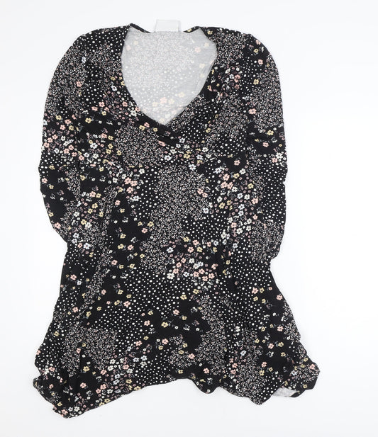 Wallis Petite Black Floral Wrap Dress UK 12 Long Sleeve V-Neck