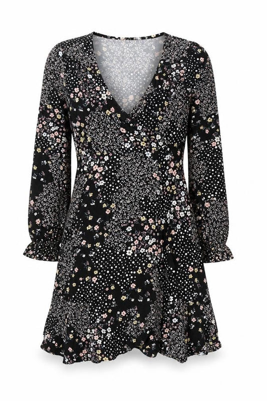 Wallis Petite Black Floral Wrap Dress UK 12 Long Sleeve V-Neck