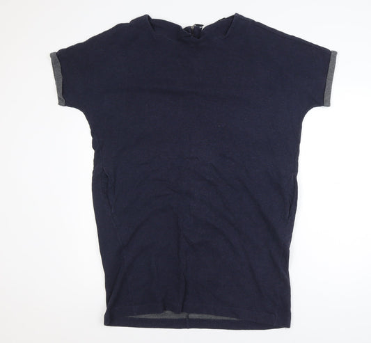 The White Company Women's Blue Short Sleeve Cotton Blend Zip Back Top Size 16