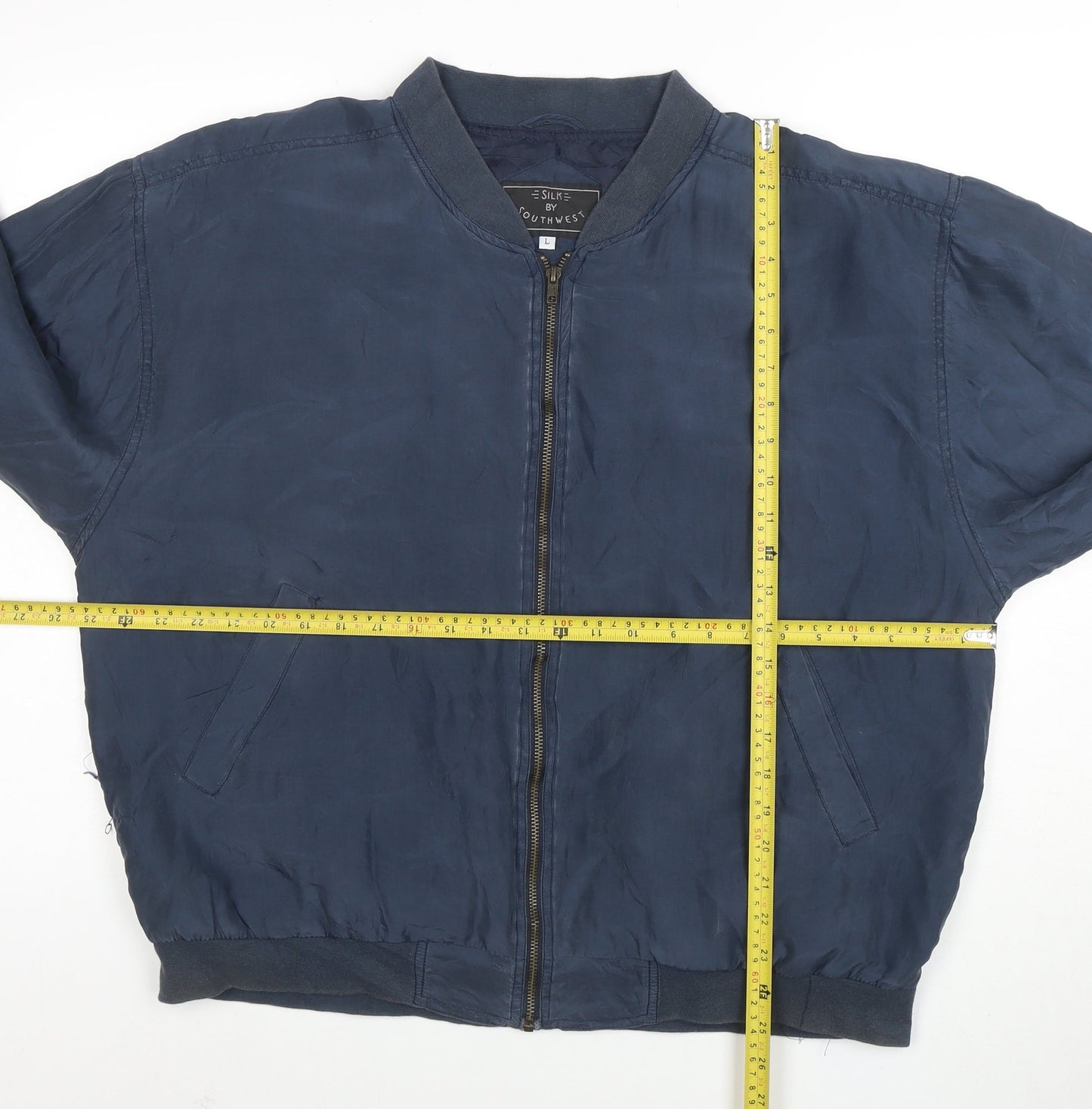 Silk by Southwest Men's Blue Silk Bomber Jacket L Casual Zip-Up