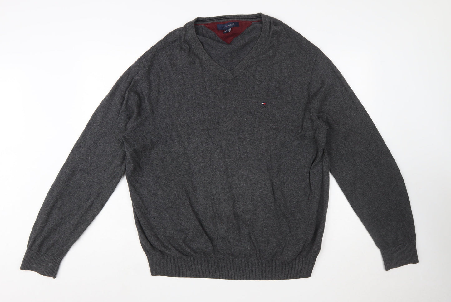 Tommy Hilfiger Men Grey XL V-Neck Cotton Jumper Classic Knit