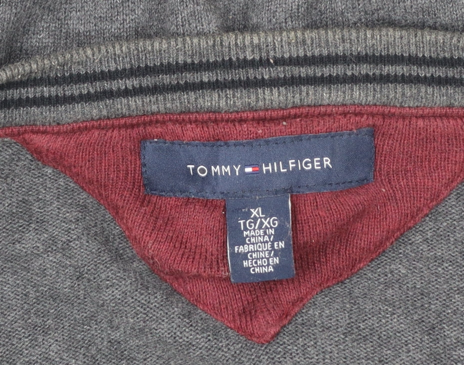Tommy Hilfiger Men Grey XL V-Neck Cotton Jumper Classic Knit