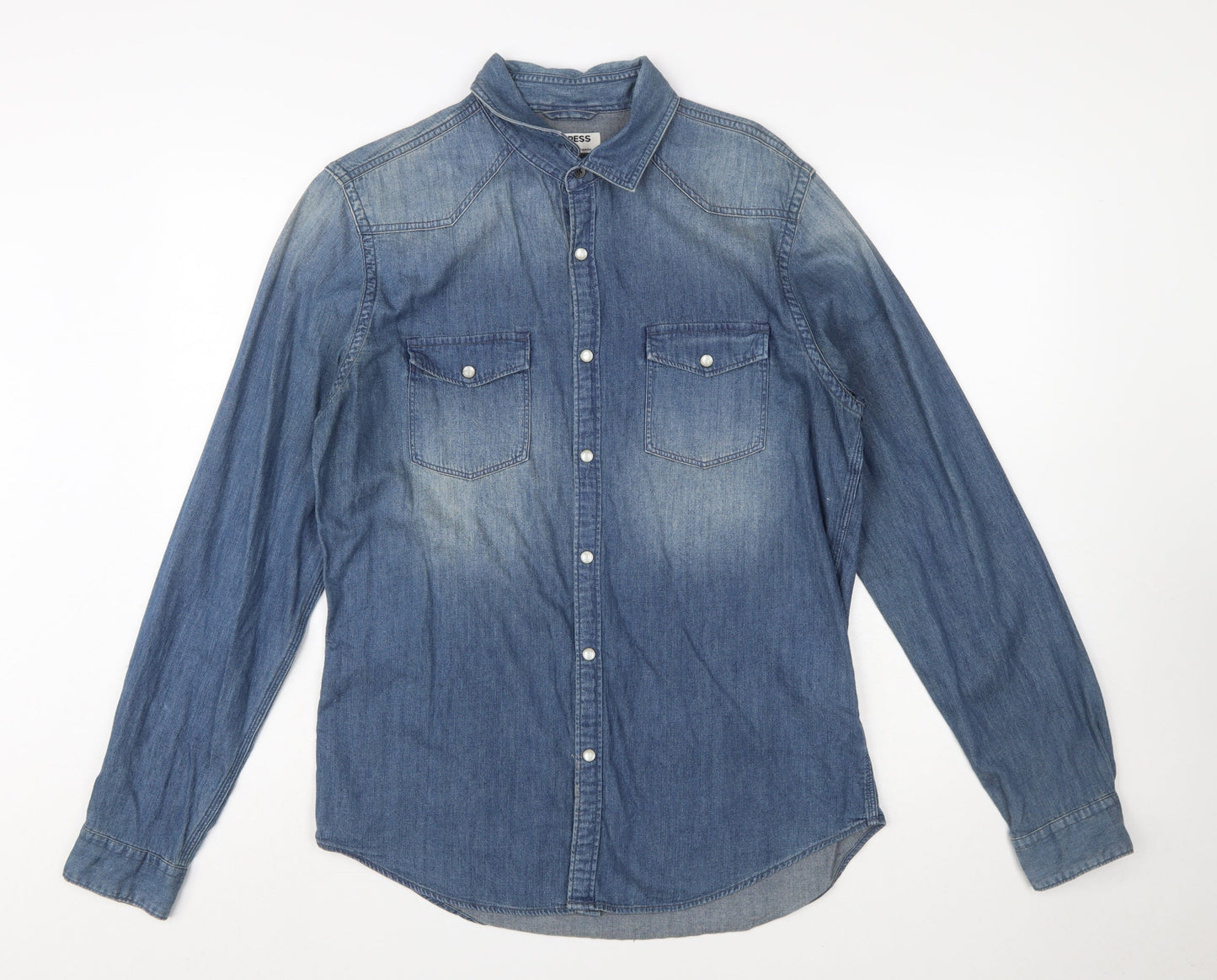 Express Men's Blue Denim Long Sleeve Button-Up Western Shirt Size M