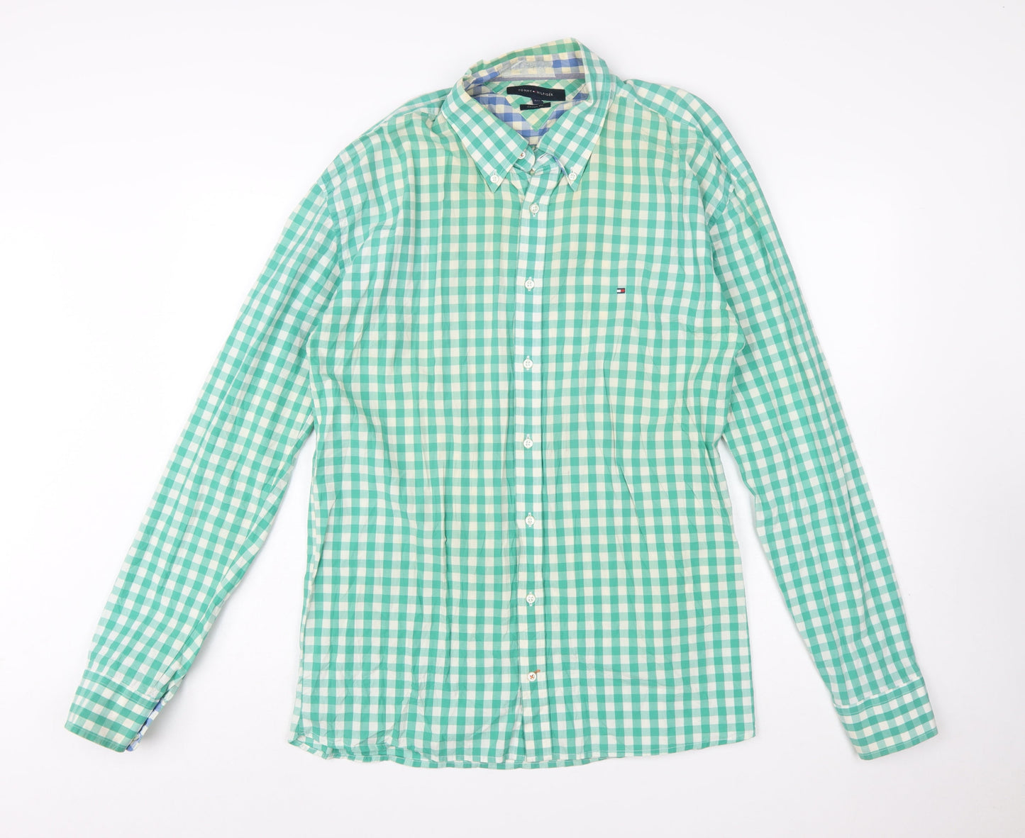 Tommy Hilfiger Men's Green Check 2XL Button-Down Cotton Shirt