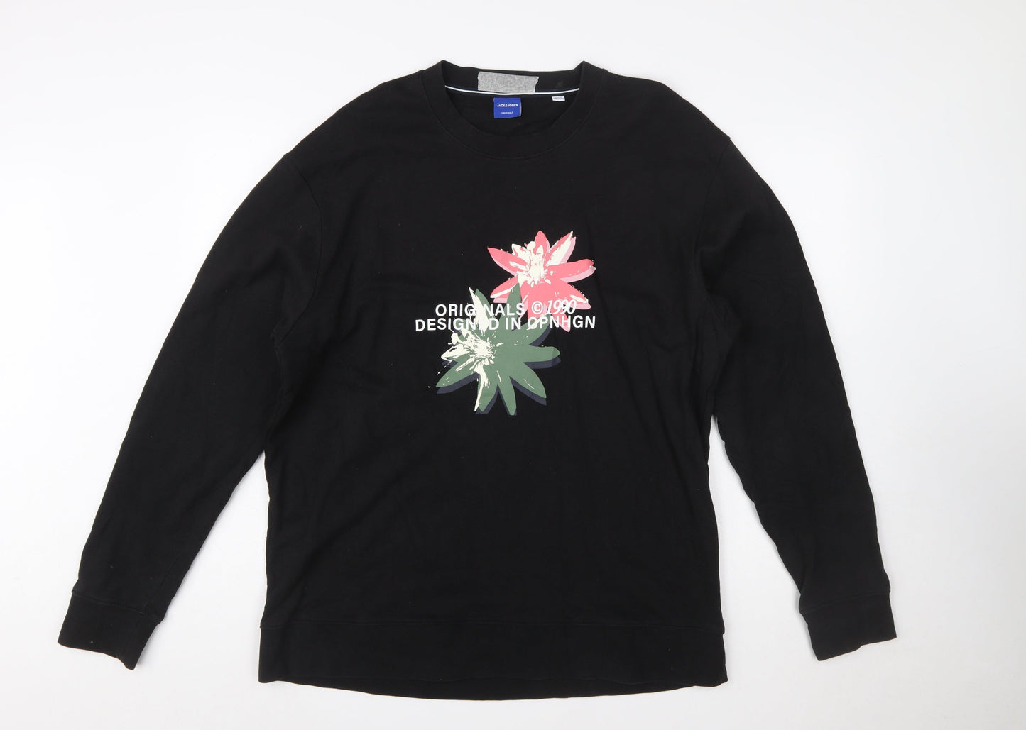 Jack & Jones Originals Men's Black 2XL Graphic Flower Crew Sweatshirt