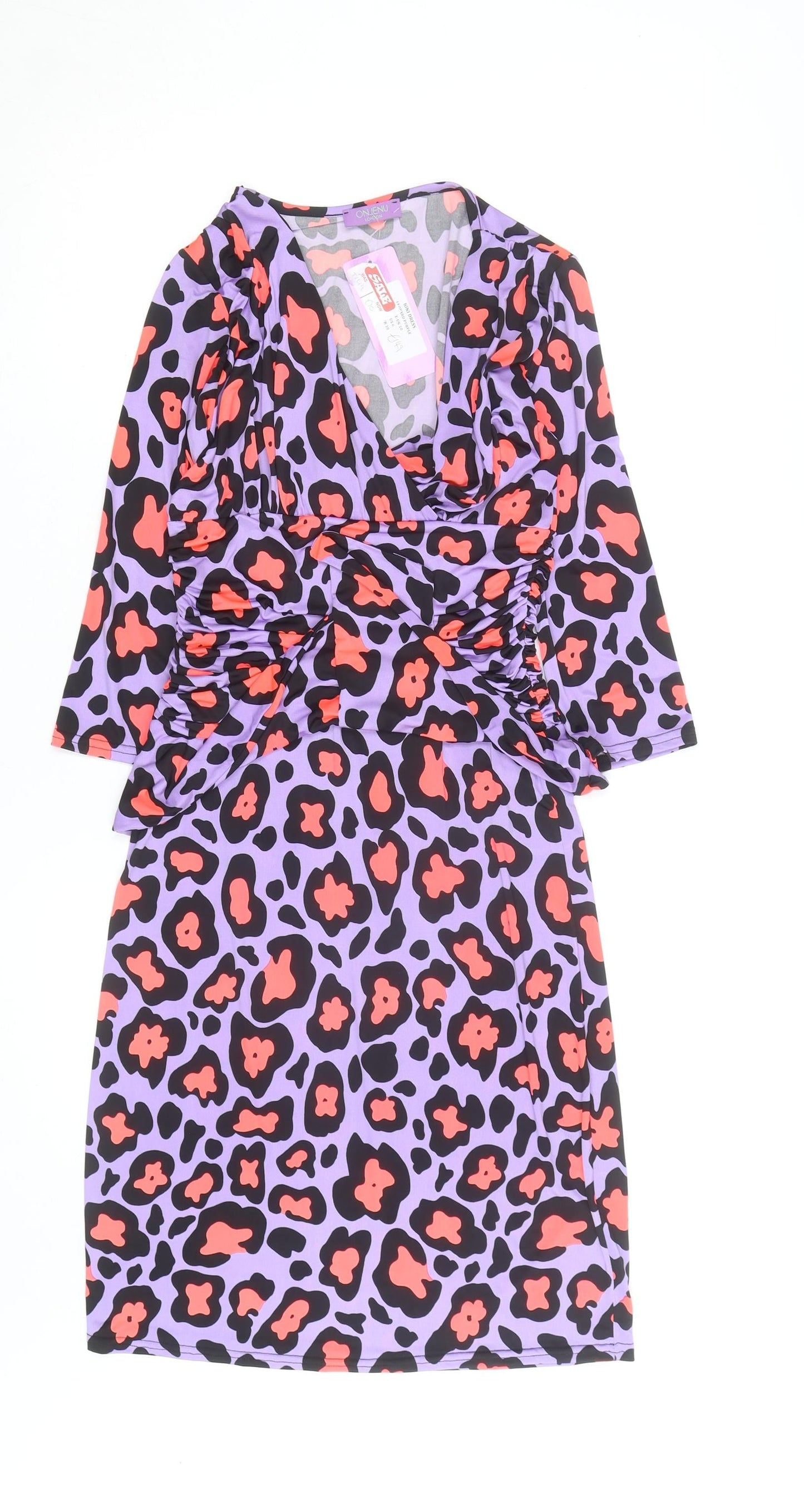 Onjenu London Women’s Purple Leopard Ruched Bodycon Dress Size 10