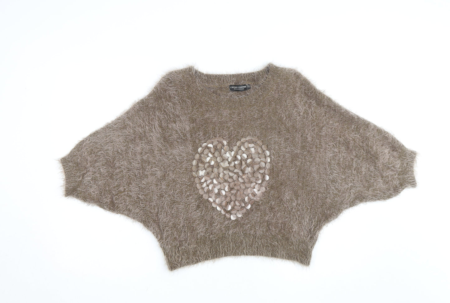 Cherry Couture Women Beige Fuzzy Sequin Heart Jumper Size M