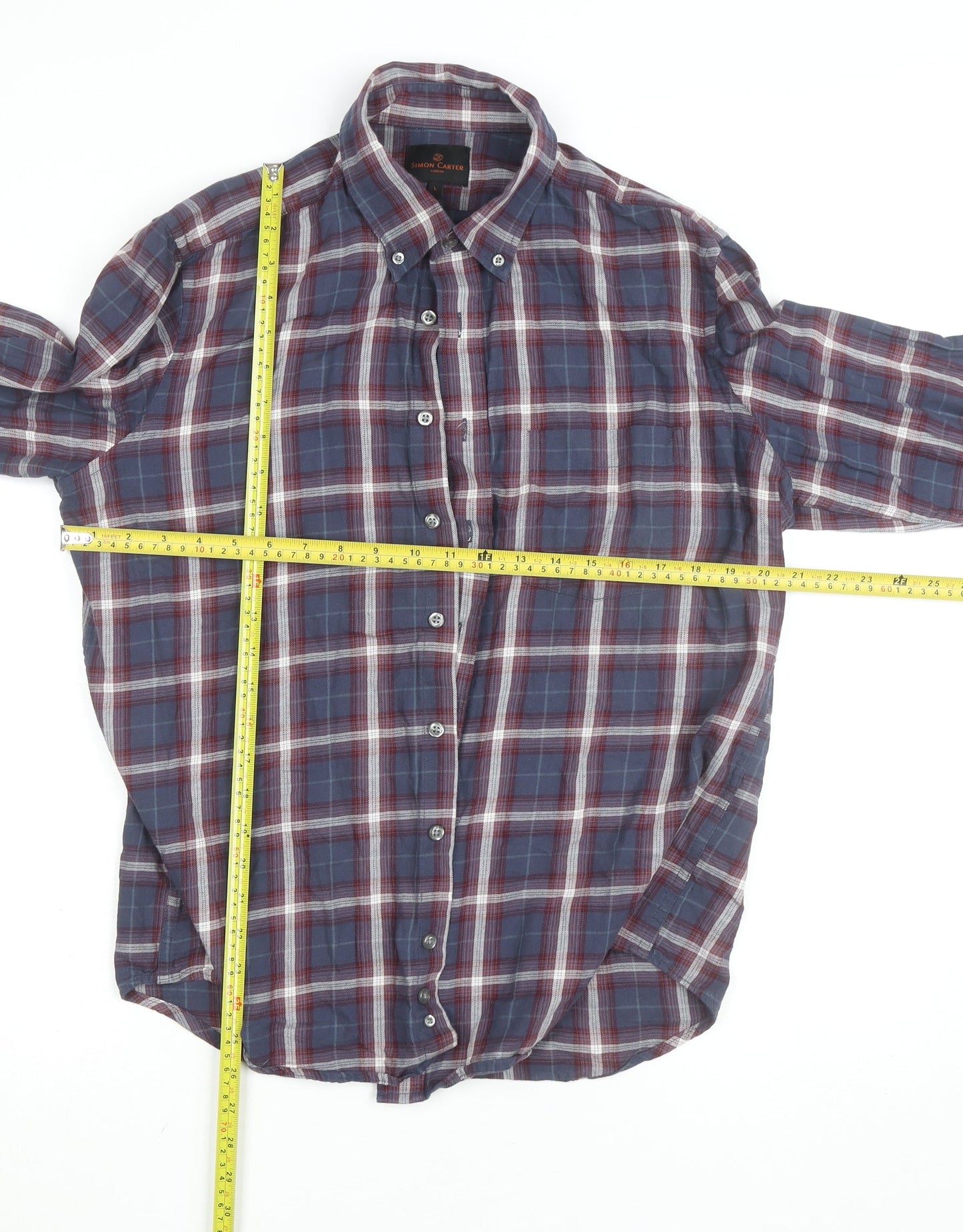 Simon Carter Men's Blue Checked Cotton Button-Down Shirt L