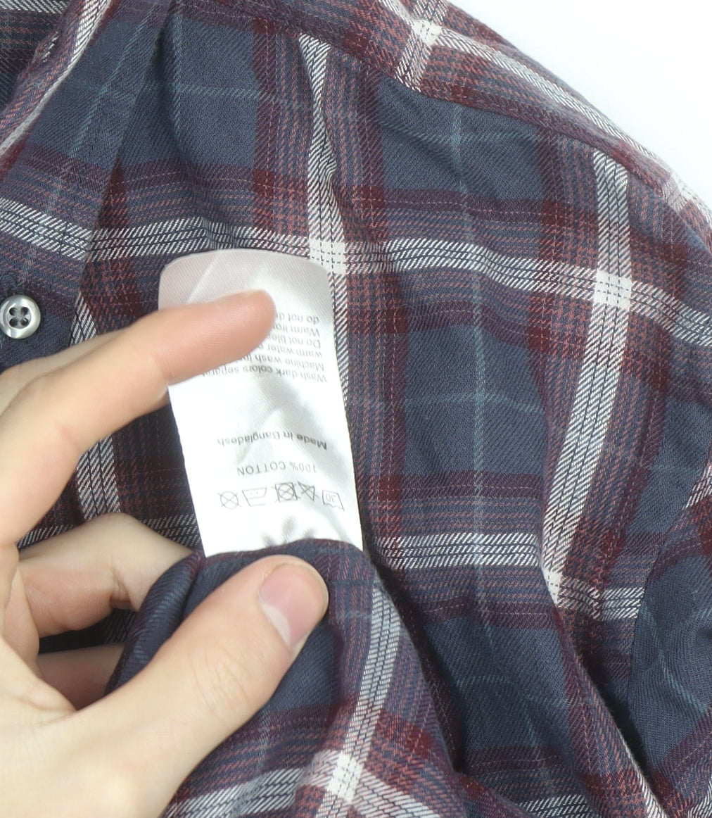 Simon Carter Men's Blue Checked Cotton Button-Down Shirt L