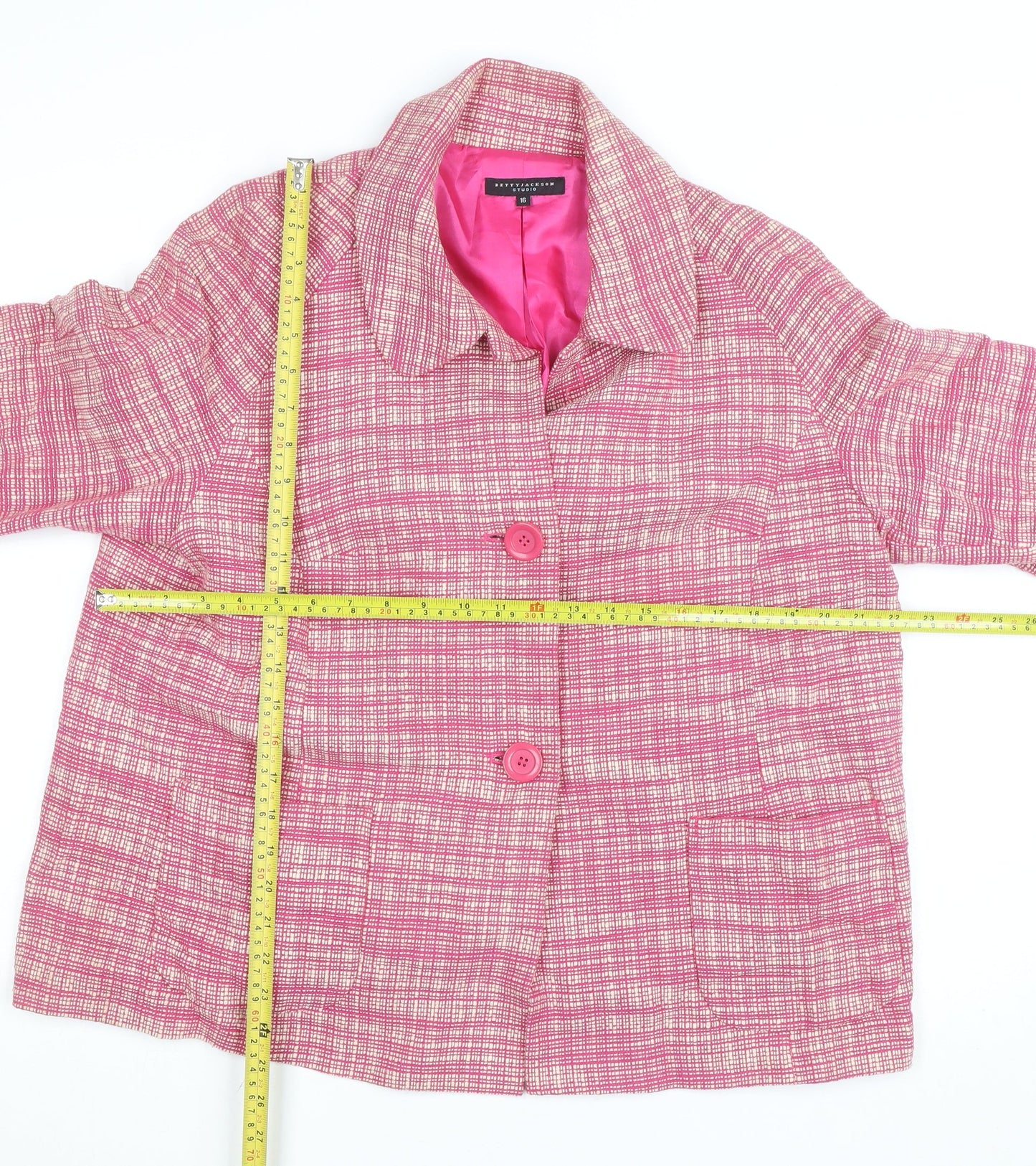 Betty Jackson Studio Women Pink Check Cropped Jacket Size 16 Cotton Lined