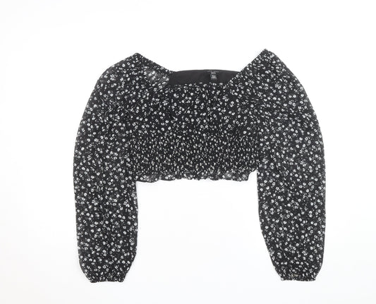 New Look 915 Girls Black Floral Cropped Top Age 14 Years Long Sleeve