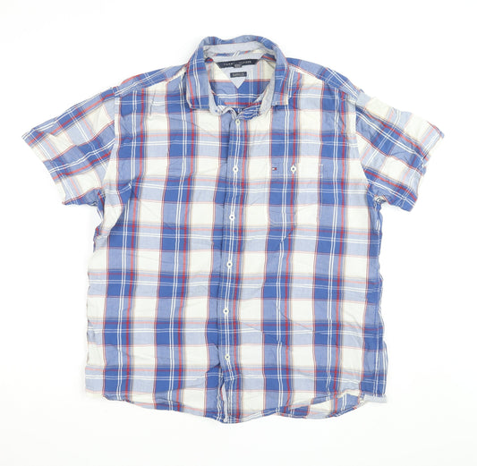 Tommy Hilfiger Men's Blue Checked Classic Fit Short Sleeve Cotton Shirt Size L