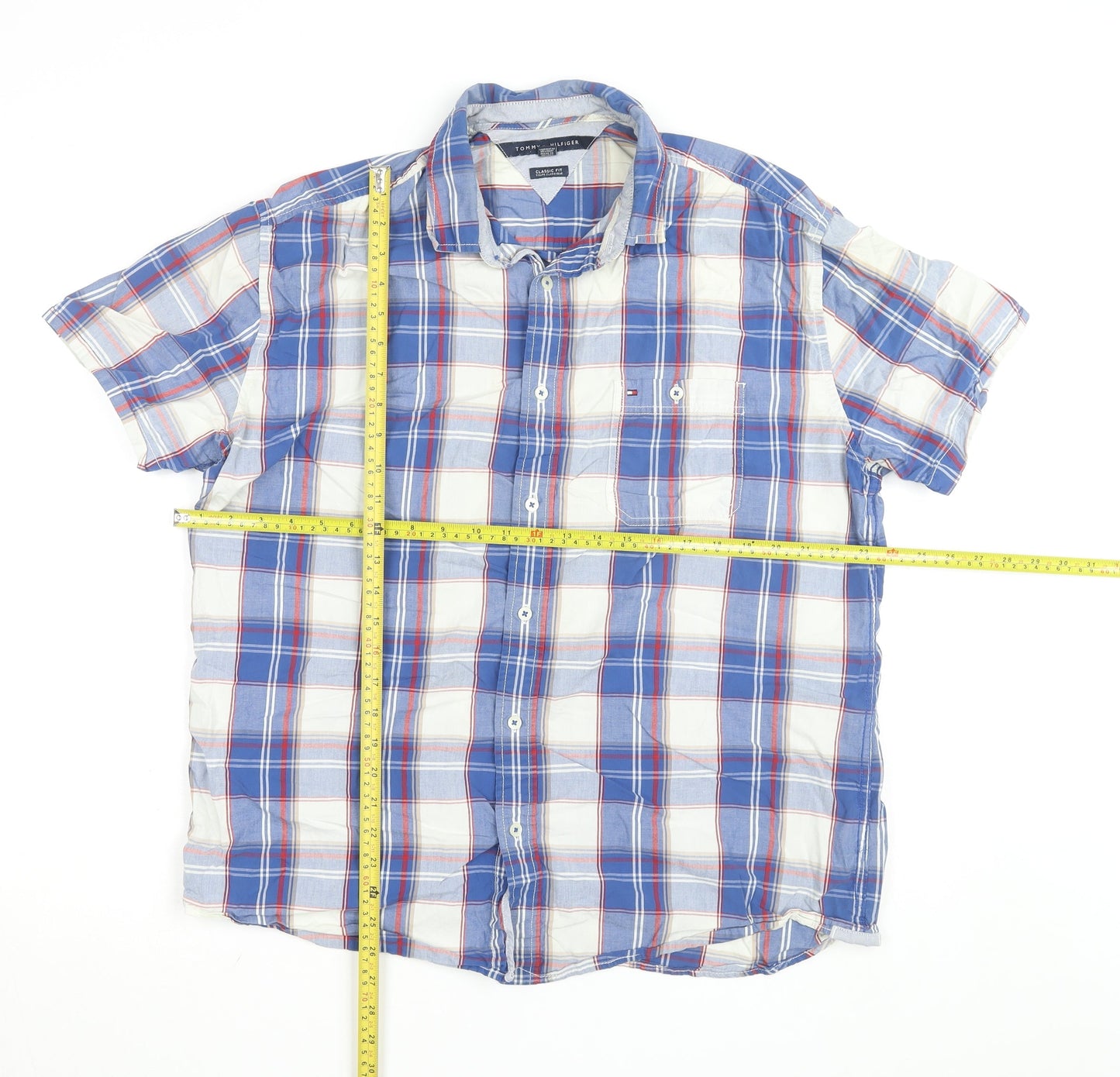 Tommy Hilfiger Men's Blue Checked Classic Fit Short Sleeve Cotton Shirt Size L