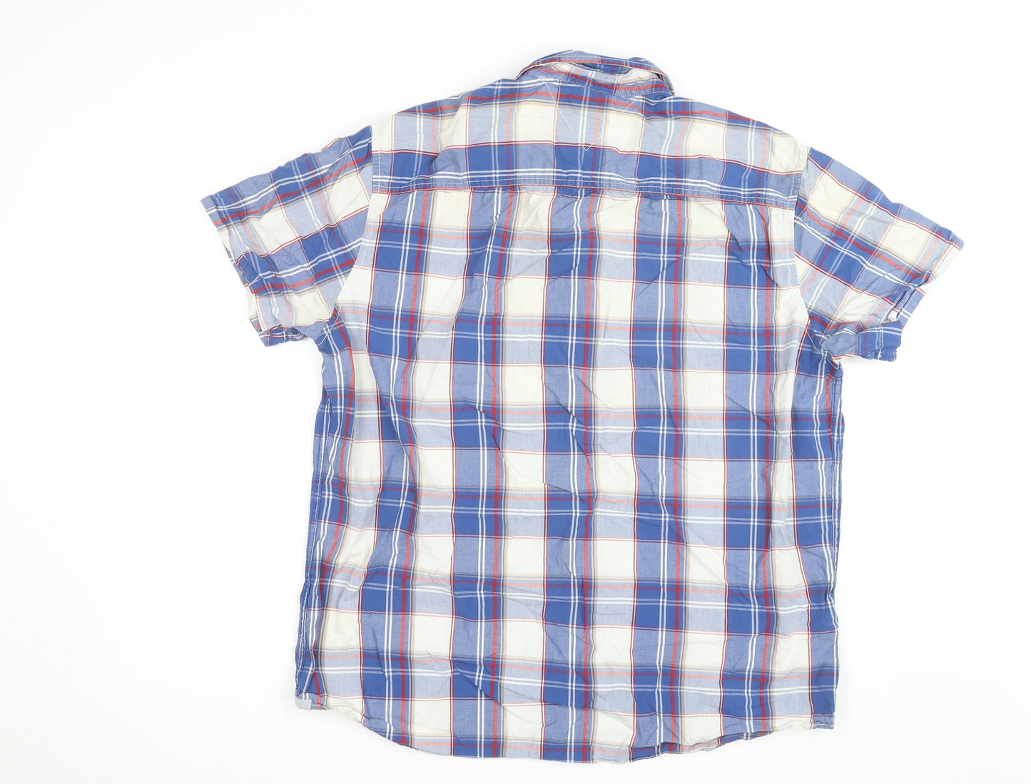 Tommy Hilfiger Men's Blue Checked Classic Fit Short Sleeve Cotton Shirt Size L
