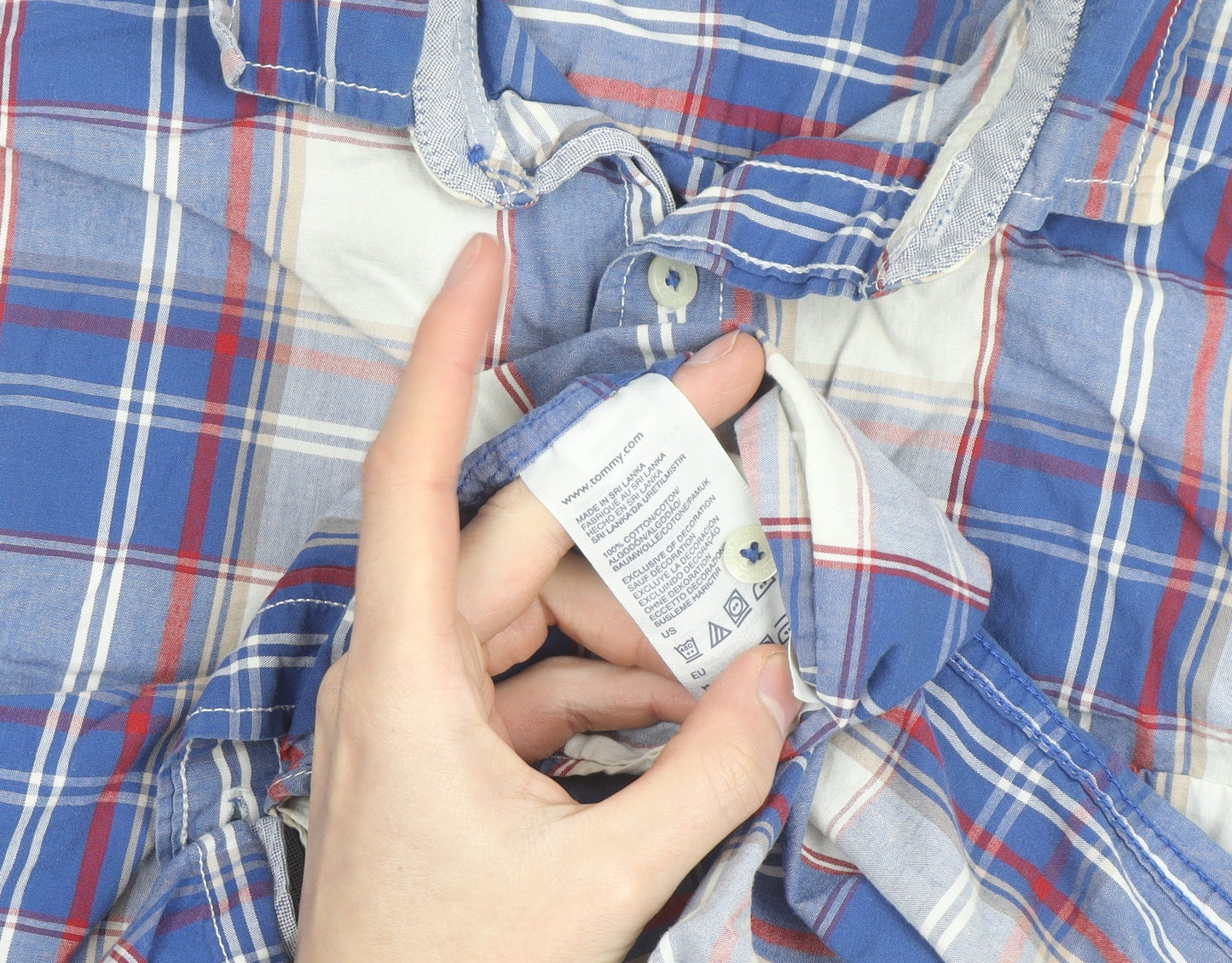 Tommy Hilfiger Men's Blue Checked Classic Fit Short Sleeve Cotton Shirt Size L