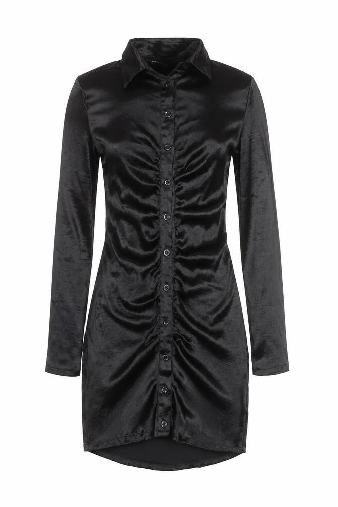 PRETTYLITTLETHING Womens Black Size 6 Satin Ruched Shirt Dress