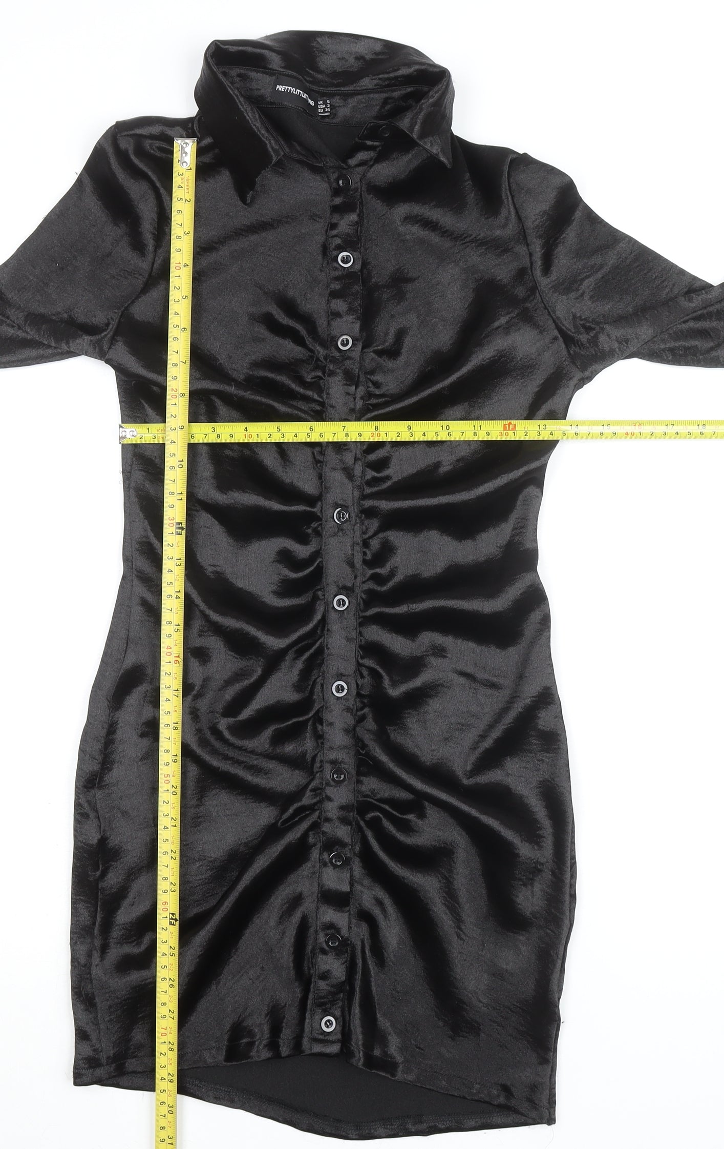 PrettyLittleThing Womens Black Size 6 Satin Ruched Shirt Dress