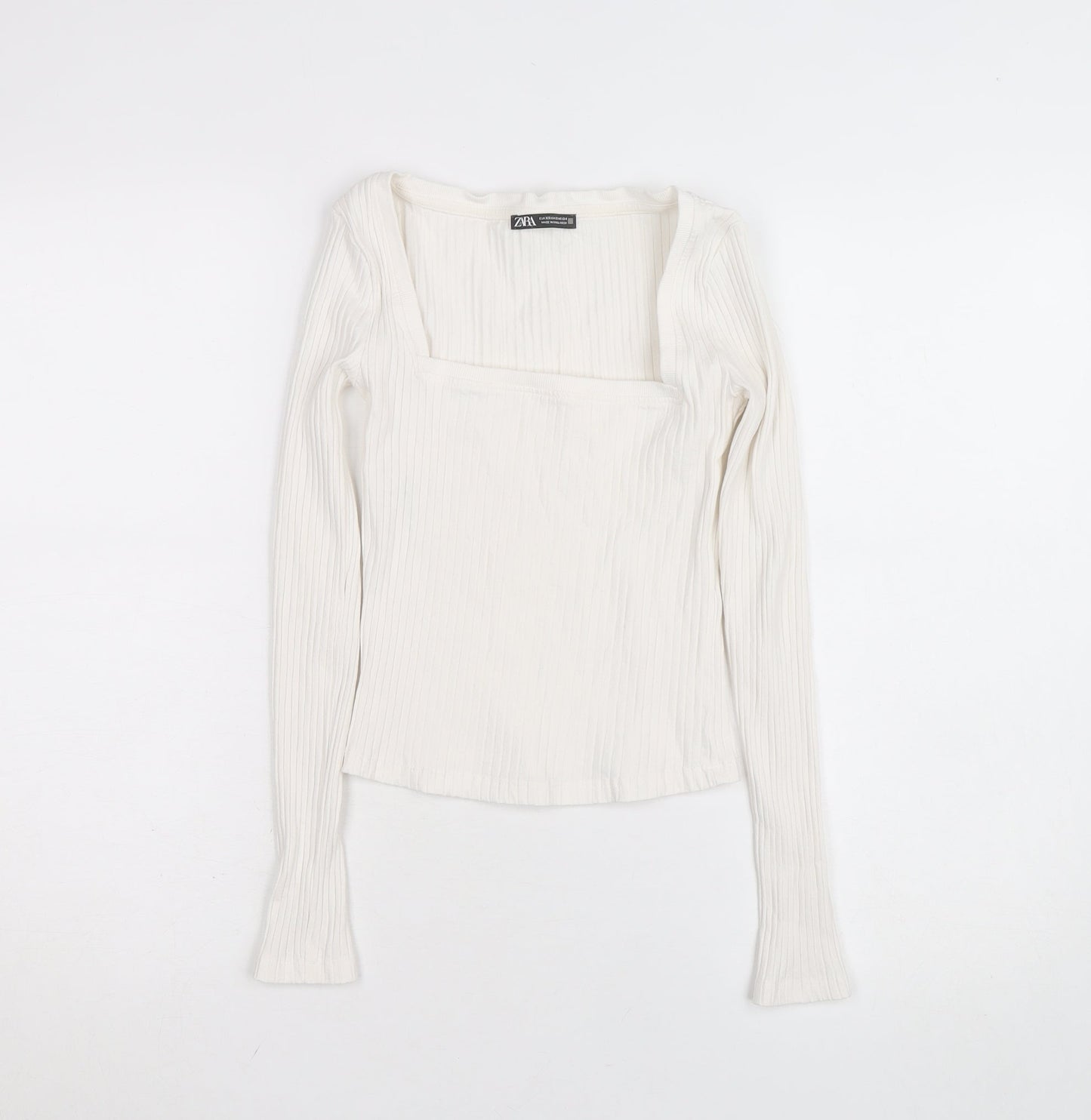 ZARA Women Ivory Long Sleeve Ribbed Square Neck Cotton Top XS