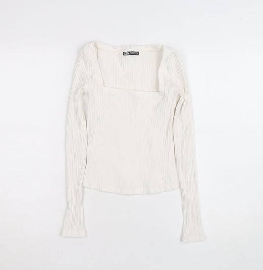 ZARA Women Ivory Long Sleeve Ribbed Square Neck Cotton Top XS