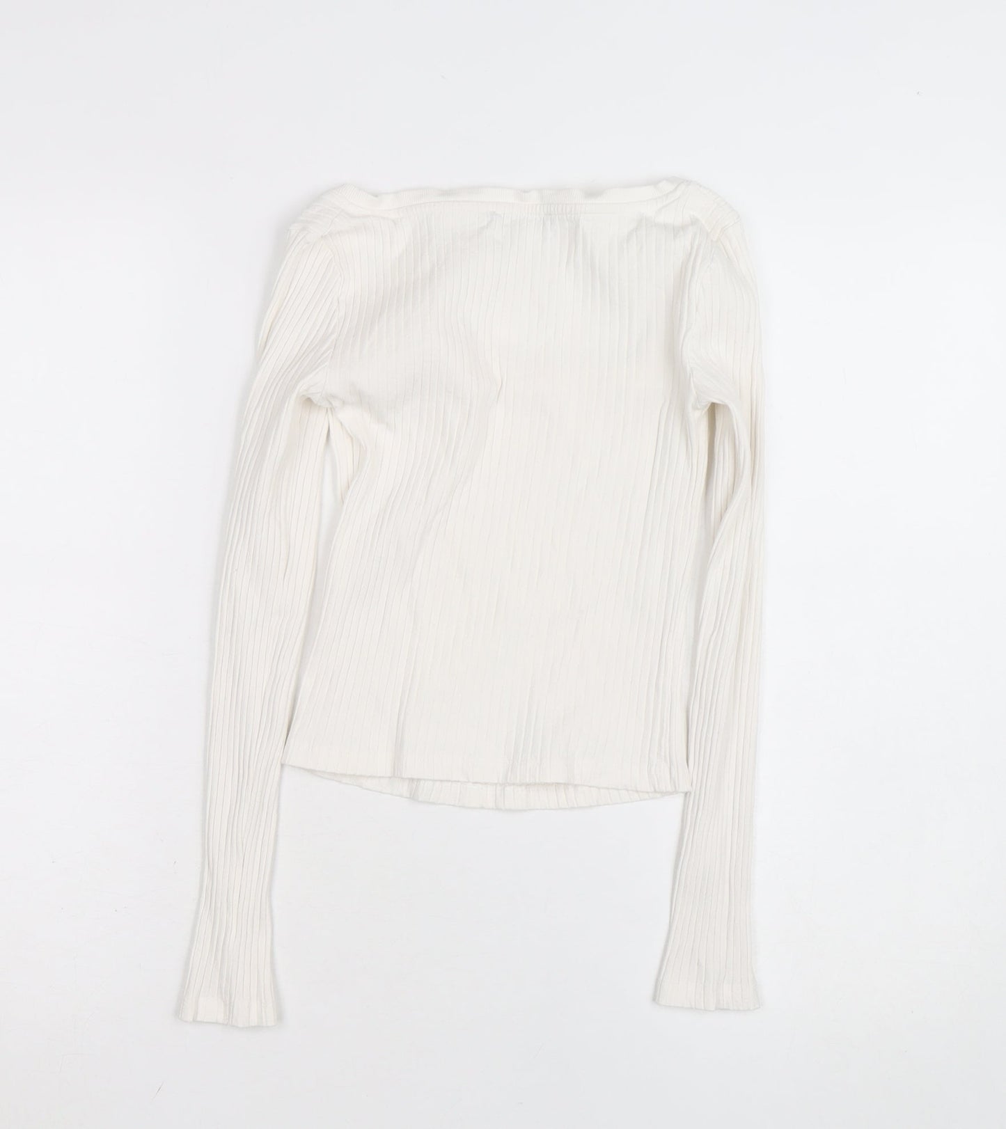 ZARA Women Ivory Long Sleeve Ribbed Square Neck Cotton Top XS