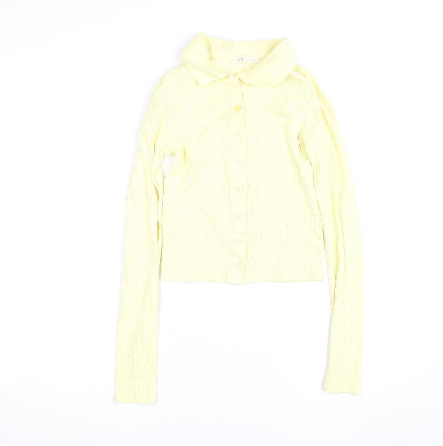 Stradivarius Women Yellow Cropped Collared Long Sleeve Button-Up Shirt Size 8