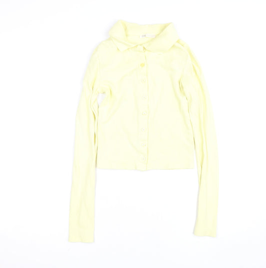 Stradivarius Women Yellow Cropped Collared Long Sleeve Button-Up Shirt Size 8