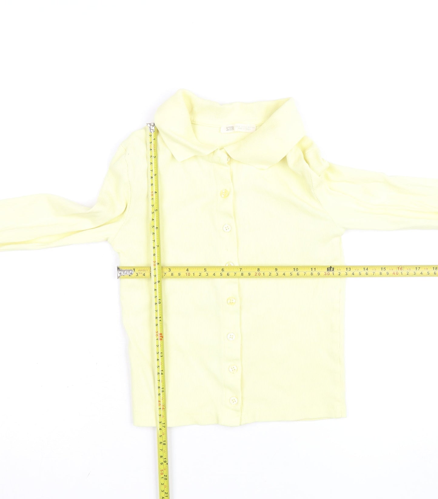 Stradivarius Women Yellow Cropped Collared Long Sleeve Button-Up Shirt Size 8