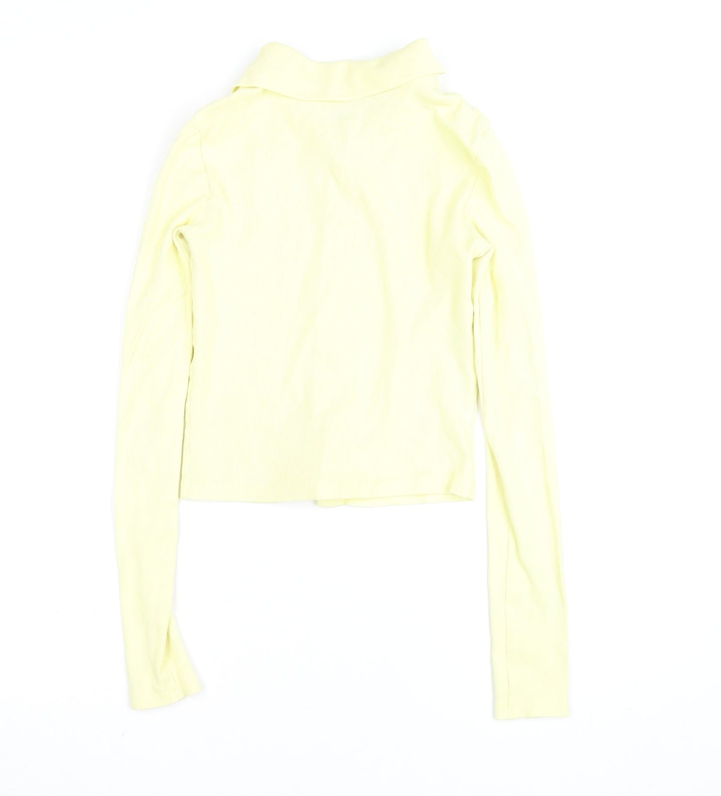 Stradivarius Women Yellow Cropped Collared Long Sleeve Button-Up Shirt Size 8