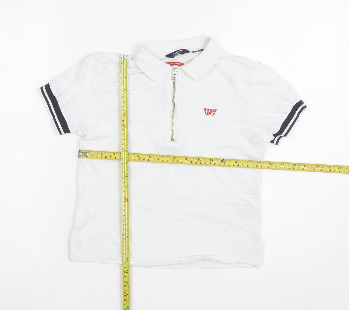 Superdry Boys White Short Sleeve Polo Shirt UK 6 Regular Fit Zip Collar