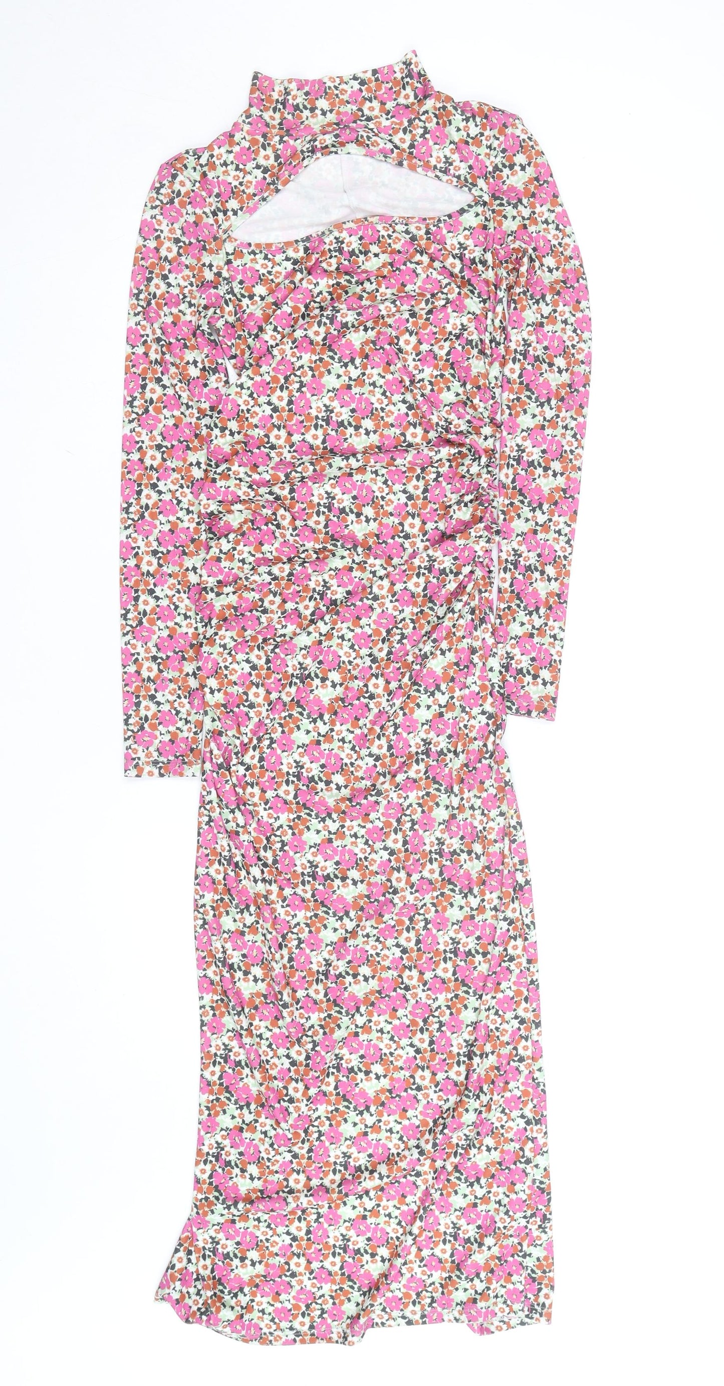 Zara Women’s Multicoloured Floral Ruched Bodycon Midi Dress Size 8