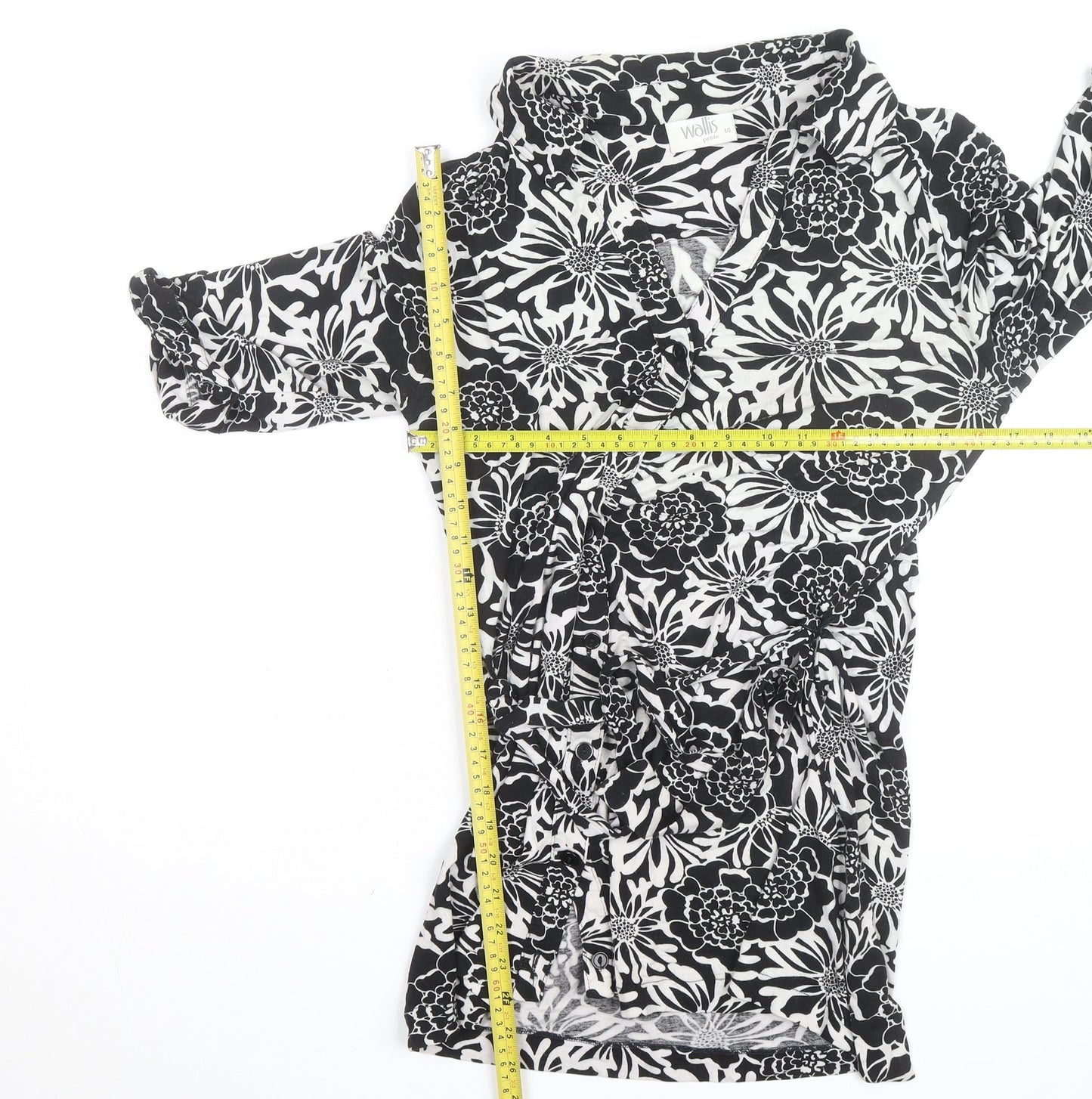 Wallis Women Black White Floral Wrap Shirt Dress Size 14 Petite