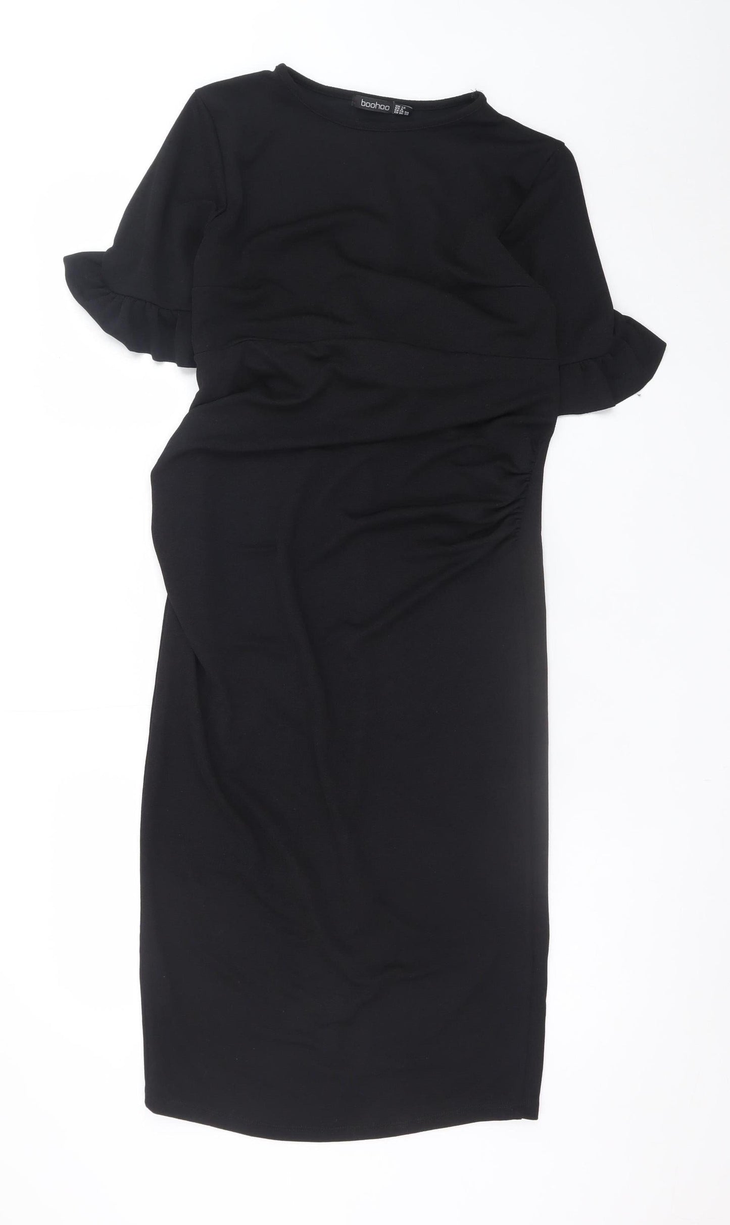 Boohoo Women Black Size 12 Bodycon Ruffle Sleeve Knee Length Dress
