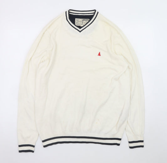 Musto Men's Ivory V-Neck Cotton Cashmere Jumper L Nautical Logo Knit