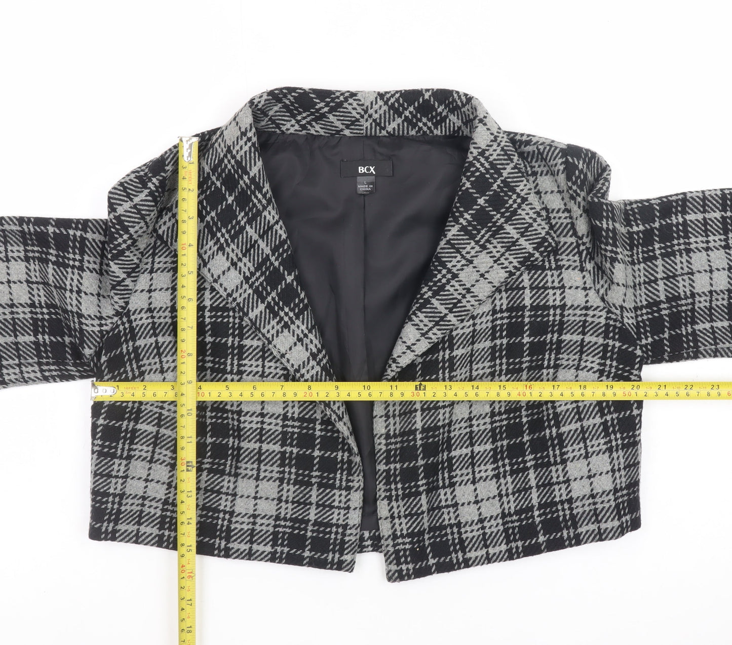 BCX Women's Grey Check Cropped Blazer Jacket Size L