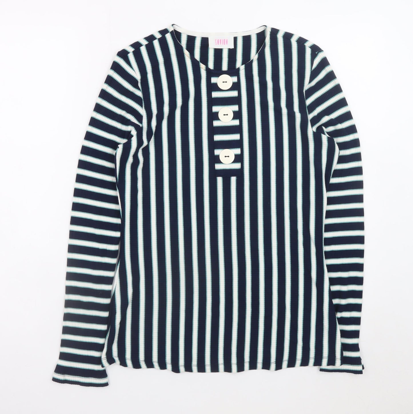 Savida Women’s Blue Striped Long Sleeve Crew Neck Button T-Shirt Size 14