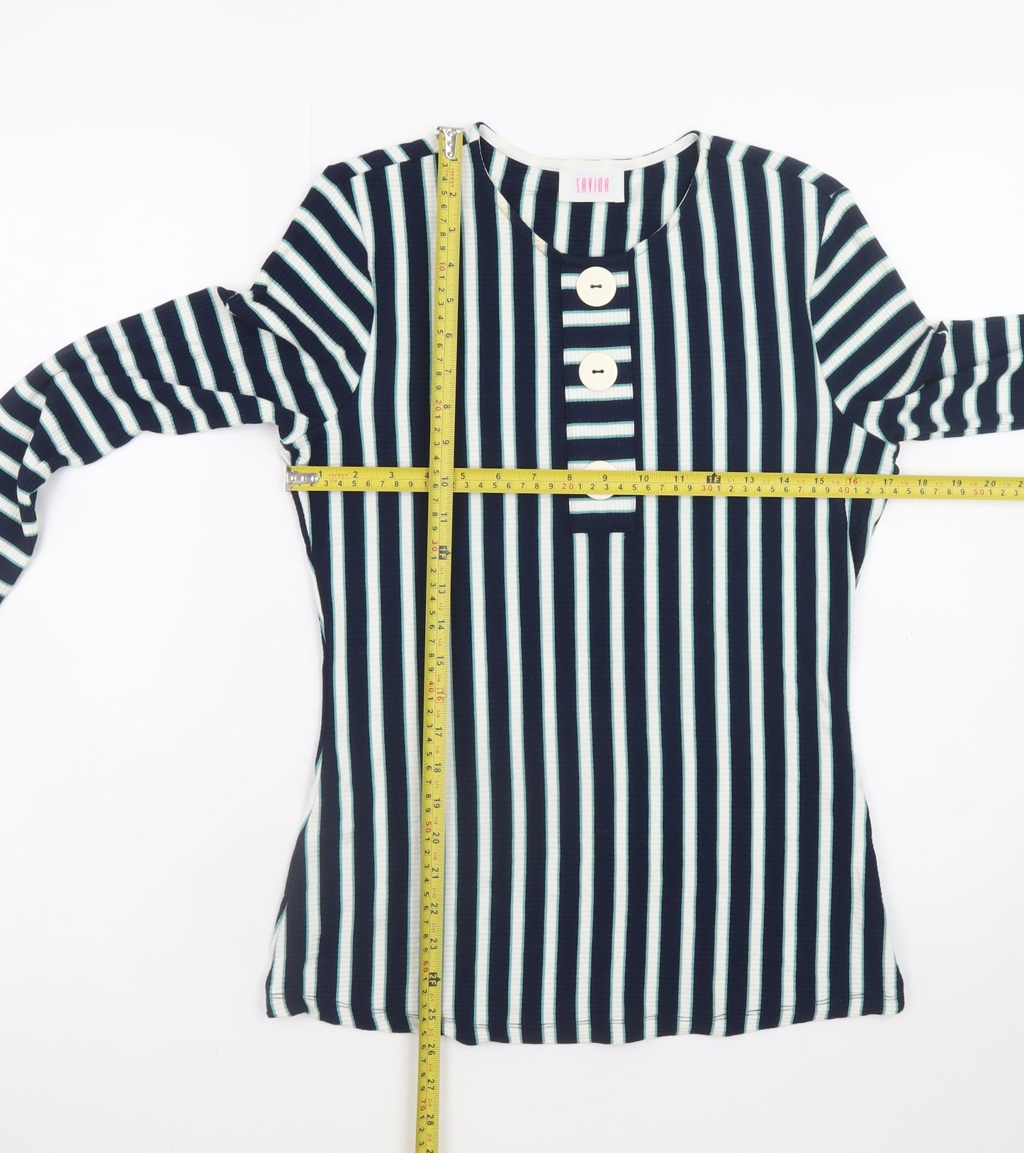 Savida Women’s Blue Striped Long Sleeve Crew Neck Button T-Shirt Size 14